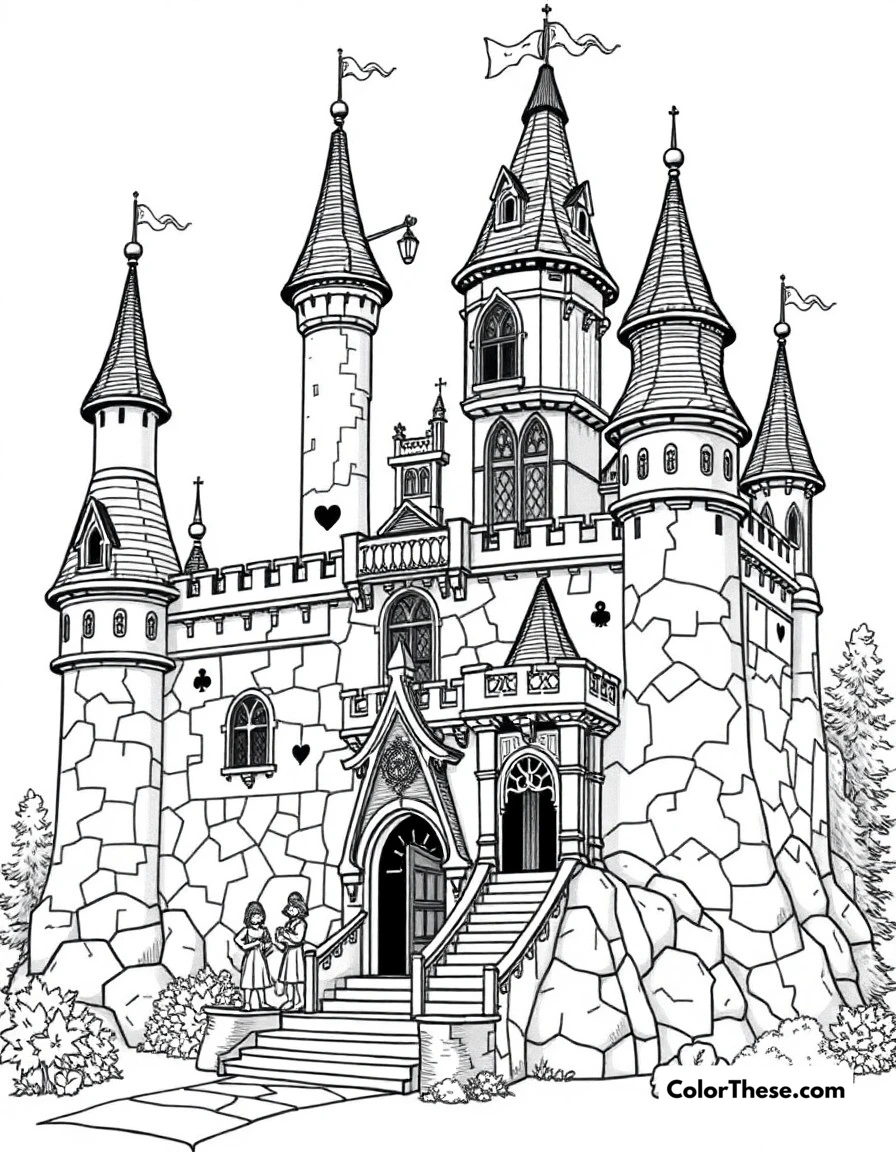 Free printable wonderland castle coloring page for kids and adults. The magnificent Wonderland castle with its quirky architecture and playing card guards standing watch.