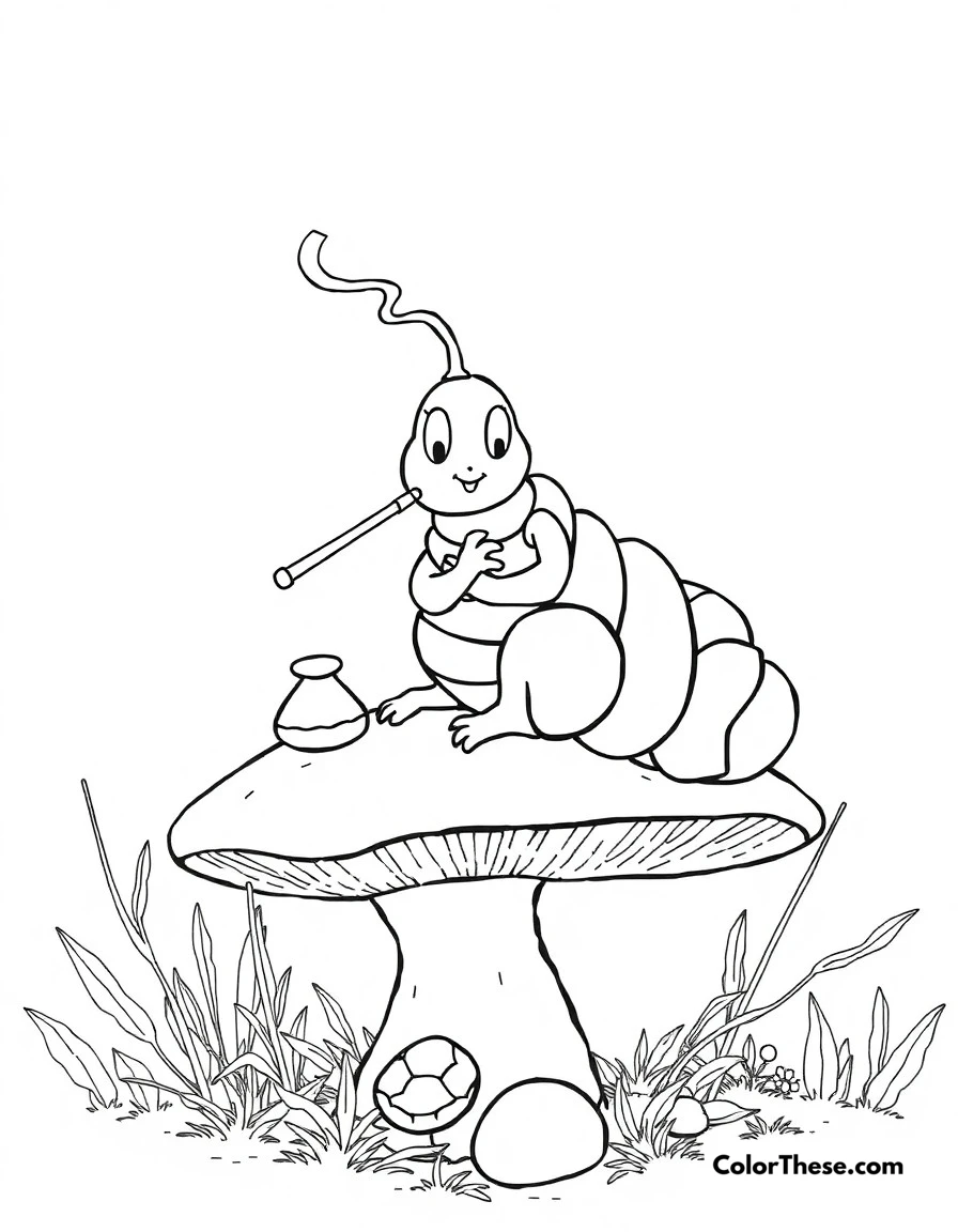 Free printable caterpillar's wisdom coloring page for kids and adults. The wise Caterpillar sitting on his mushroom, smoking his hookah and sharing riddles.