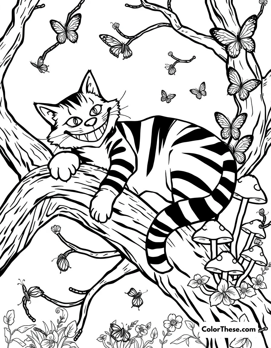 Free printable cheshire cat's tree coloring page for kids and adults. The mysterious Cheshire Cat lounging on a tree branch with his famous grin, surrounded by butterflies and mushrooms.