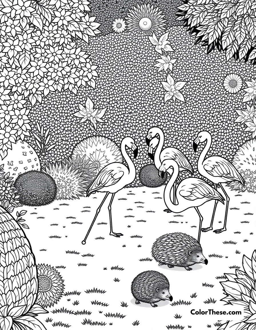Free printable croquet with flamingos coloring page for kids and adults. The famous croquet game using flamingos as mallets and hedgehogs as balls in the Queen's garden.