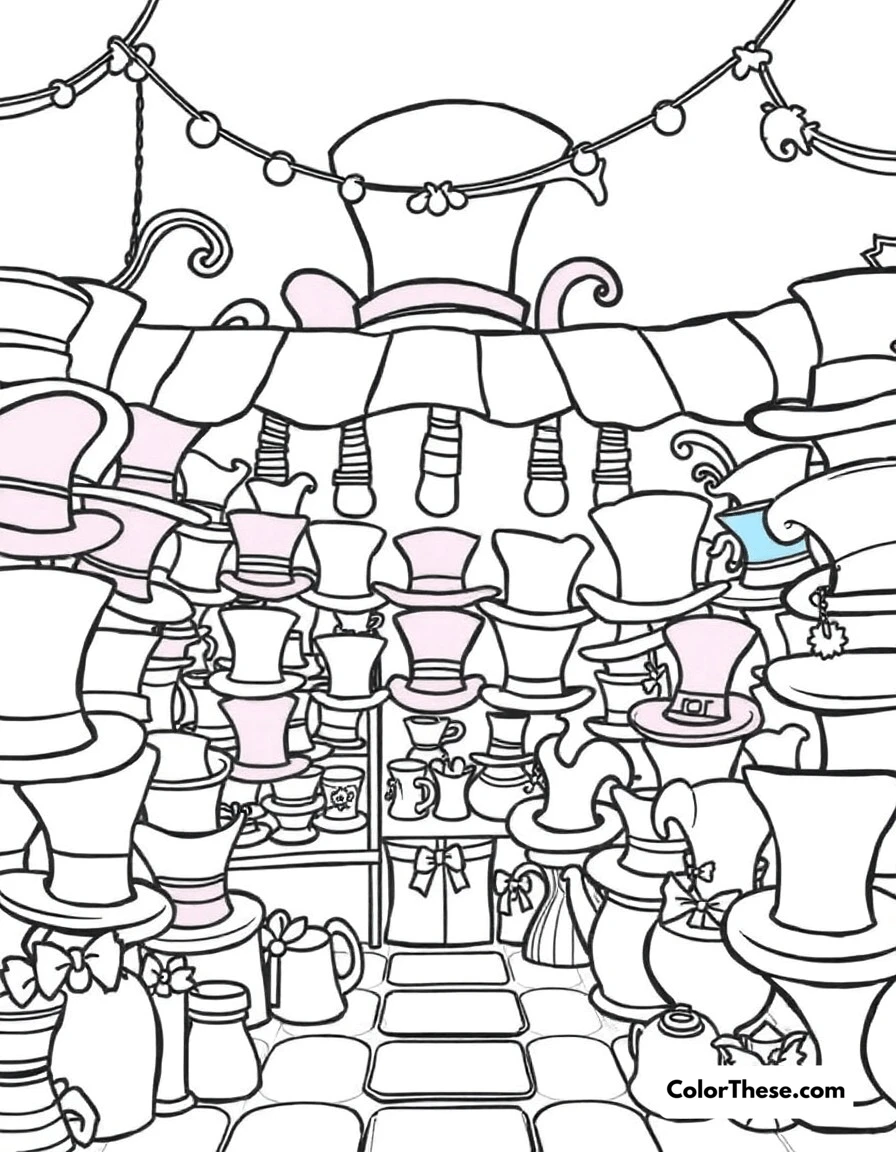 Free printable mad hatter's hat shop coloring page for kids and adults. The Mad Hatter's colorful hat shop filled with unique and whimsical hats of all shapes and sizes.