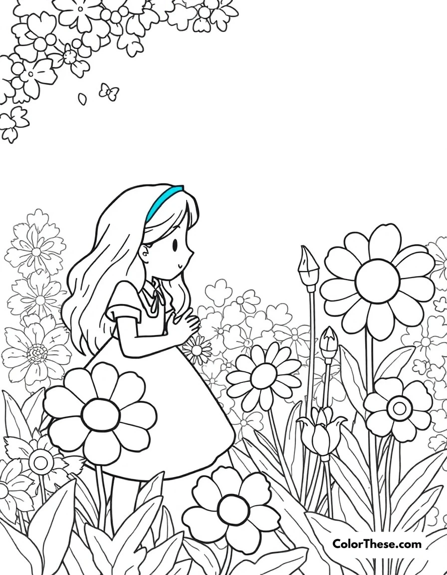 Free printable alice's garden of live flowers coloring page for kids and adults. Alice talking to the living flowers in their garden, each with unique personalities and expressions.