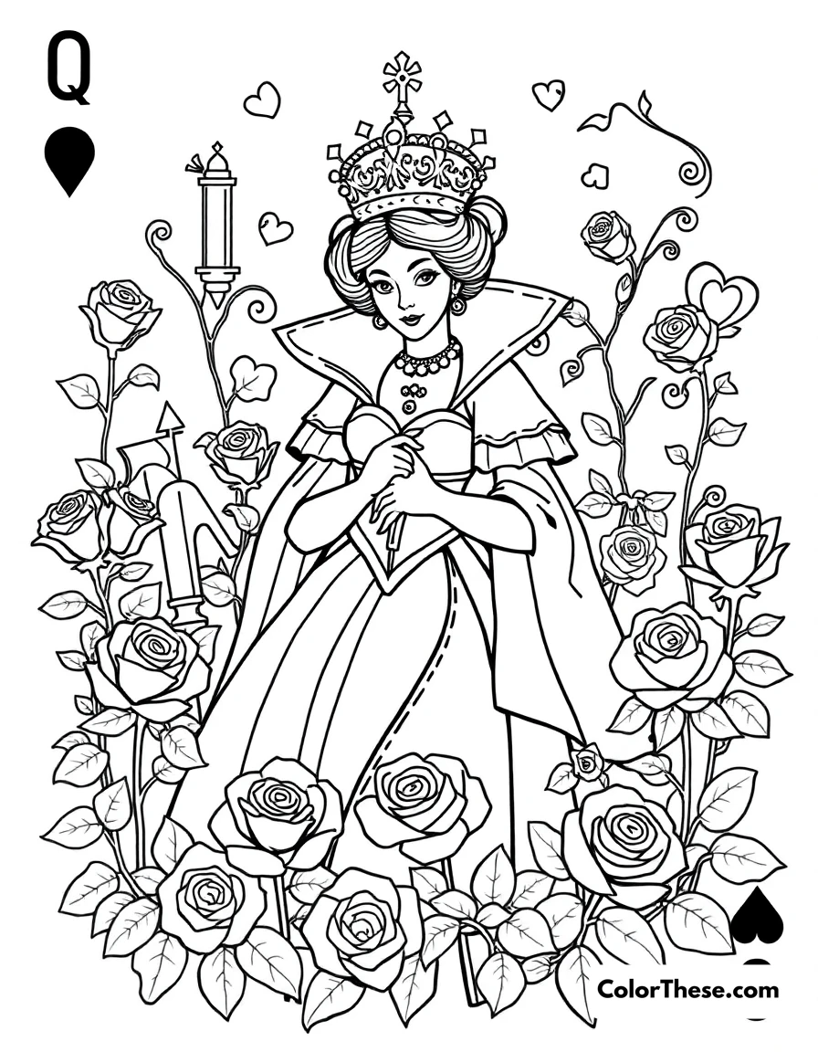 Free printable queen of hearts garden coloring page for kids and adults. The Queen of Hearts in her royal garden, surrounded by playing card guards and her famous red roses.