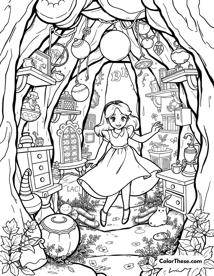 Free printable down the rabbit hole coloring page for kids and adults. Alice falling down the rabbit hole, surrounded by floating furniture and curious objects.