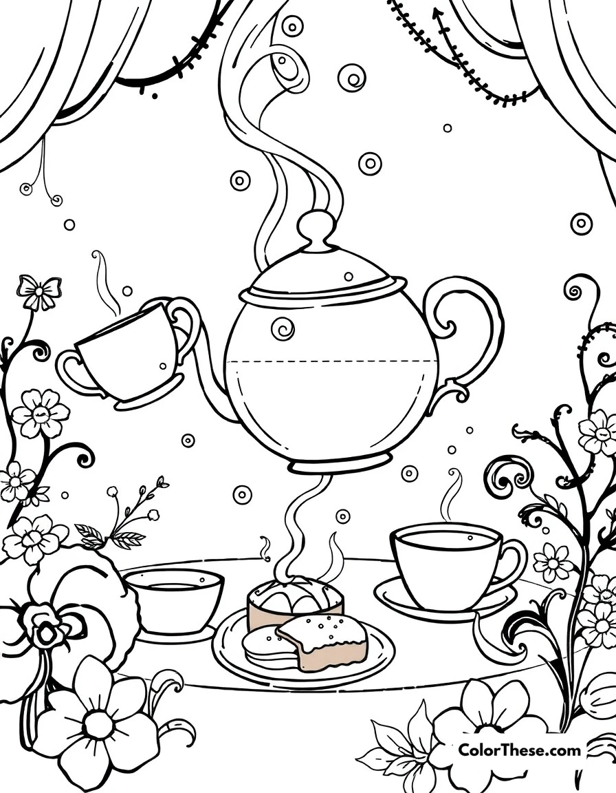 Free printable wonderland tea time coloring page for kids and adults. A whimsical tea party scene with floating teacups, swirling steam, and magical pastries.