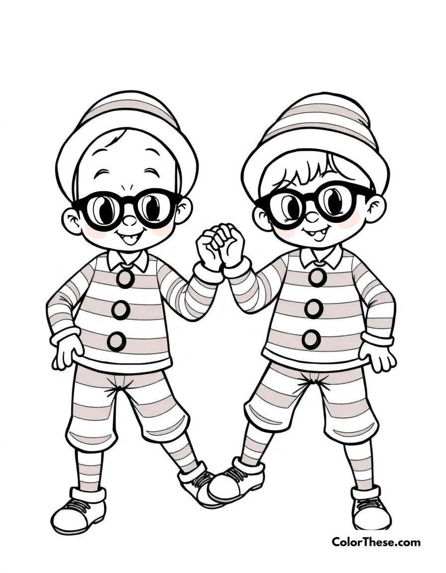 Free printable tweedledee and tweedledum coloring page for kids and adults. The playful twins Tweedledee and Tweedledum in their matching outfits, ready for a game.