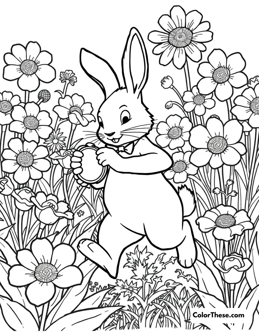 Free printable white rabbit's clock coloring page for kids and adults. The White Rabbit checking his pocket watch, rushing through a garden of oversized flowers.