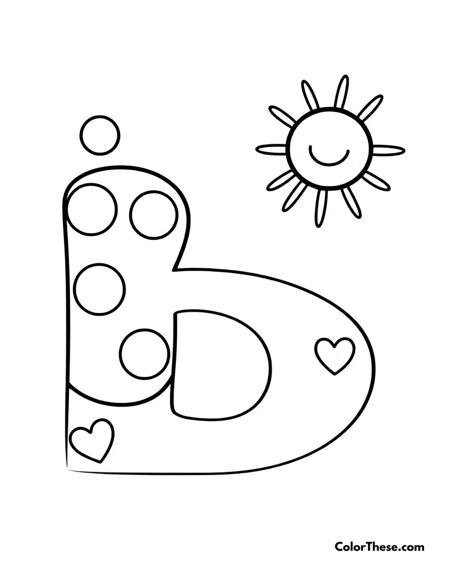 Free printable letter b with dots and hearts coloring page for kids and adults. A big, fun letter 'B' with dots, hearts, and a smiling sun.