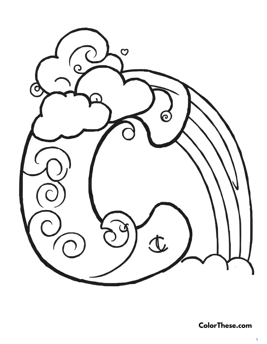 Free printable letter c with swirls and clouds coloring page for kids and adults. A big, fun letter 'C' with swirls, clouds, and a rainbow.