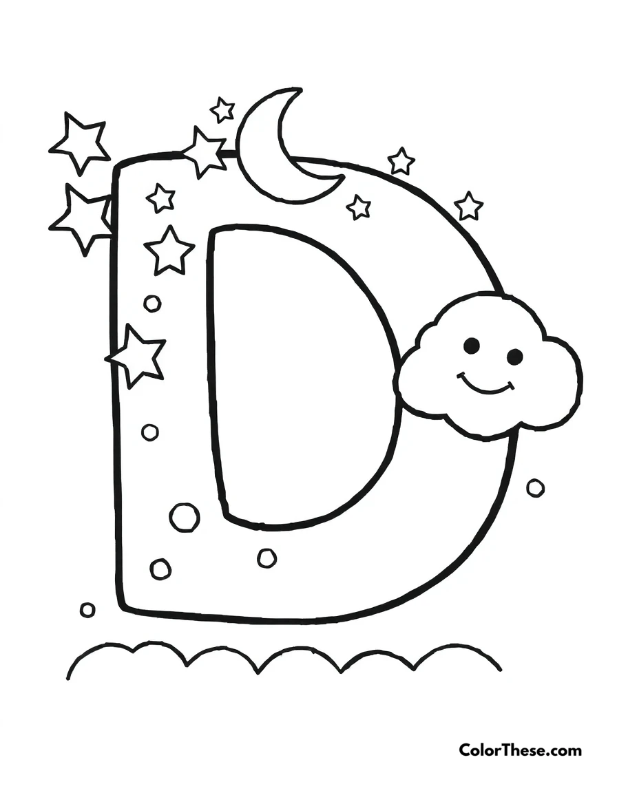 Free printable letter d with stars and moons coloring page for kids and adults. A big, fun letter 'D' with stars, moons, and a smiling cloud.