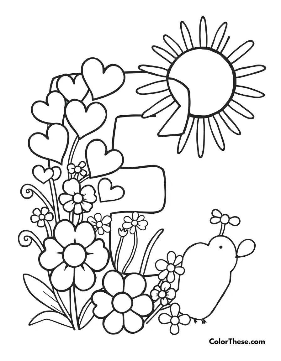 Free printable letter e with hearts and flowers coloring page for kids and adults. A big, fun letter 'E' with hearts, flowers, and a smiling sun.