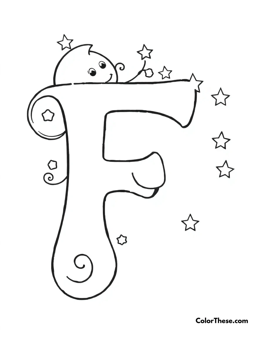 Free printable letter f with swirls and stars coloring page for kids and adults. A big, fun letter 'F' with swirls, stars, and a smiling moon.