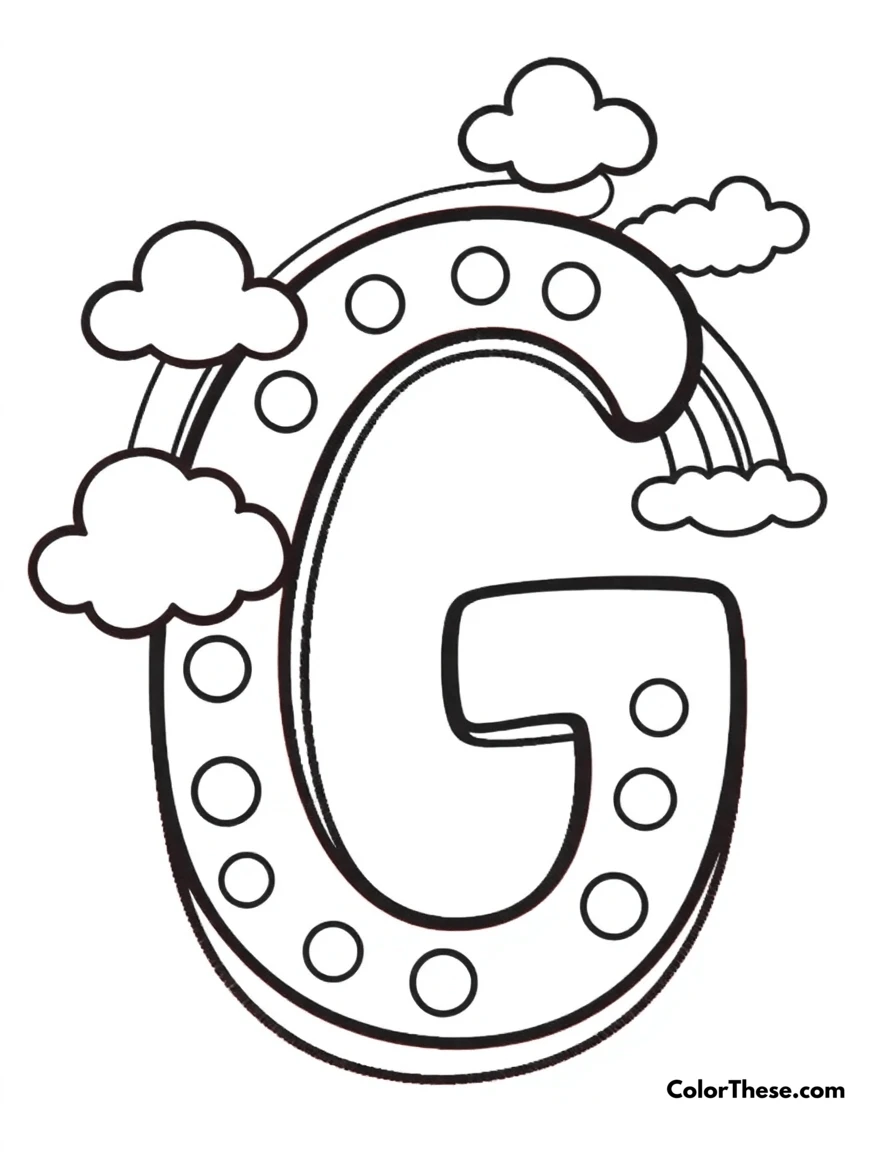 Free printable letter g with dots and clouds coloring page for kids and adults. A big, fun letter 'G' with dots, clouds, and a rainbow.
