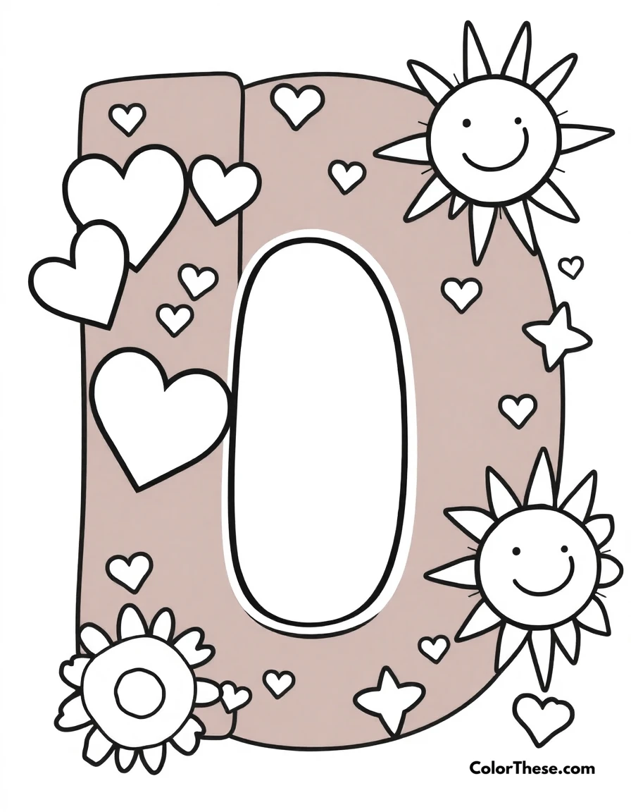 Free printable letter h with hearts and stars coloring page for kids and adults. A big, fun letter 'H' with hearts, stars, and a smiling sun.