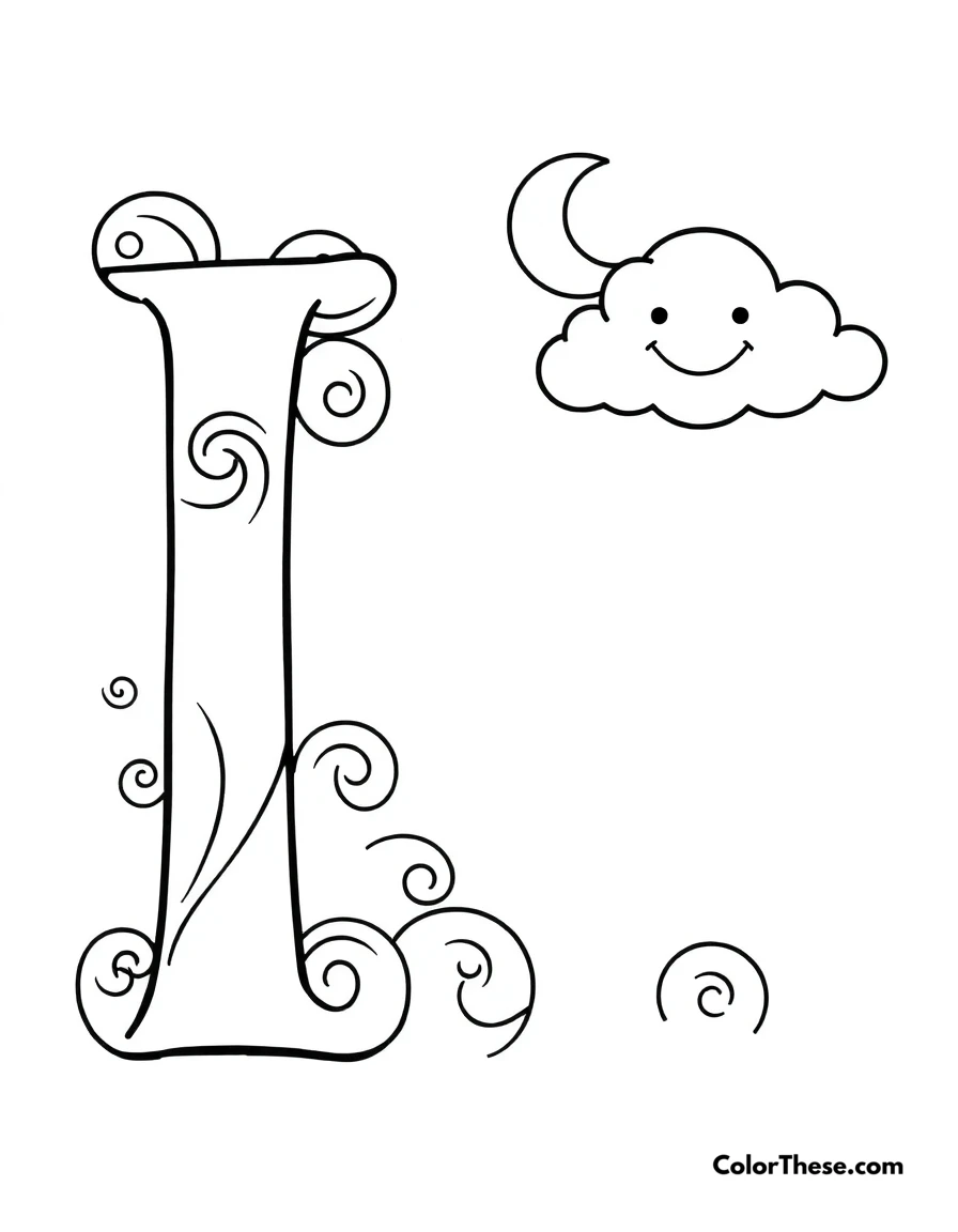 Free printable letter i with swirls and moons coloring page for kids and adults. A big, fun letter 'I' with swirls, moons, and a smiling cloud.