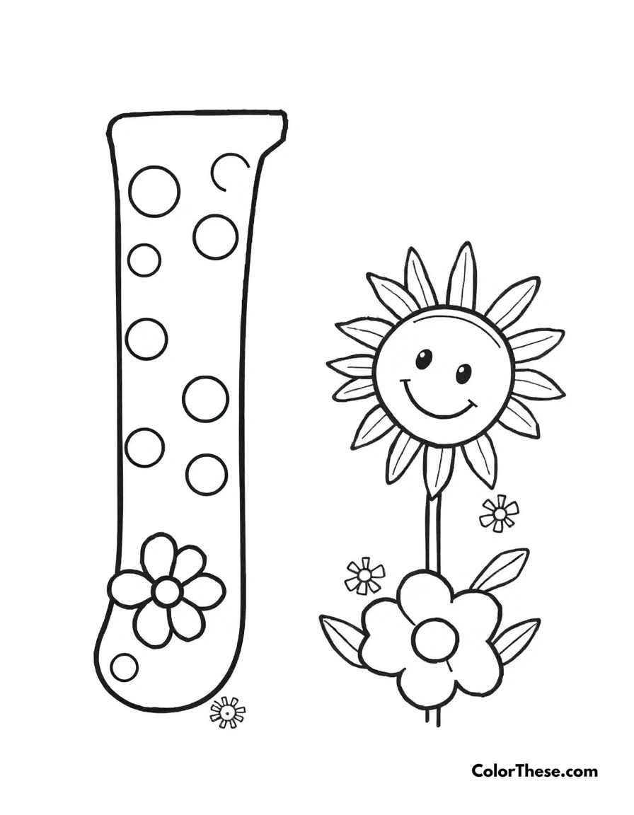 Free printable letter j with dots and flowers coloring page for kids and adults. A big, fun letter 'J' with dots, flowers, and a smiling sun.