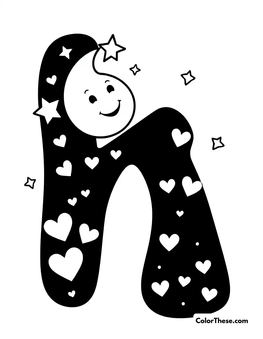 Free printable letter k with stars and hearts coloring page for kids and adults. A big, fun letter 'K' with stars, hearts, and a smiling moon.