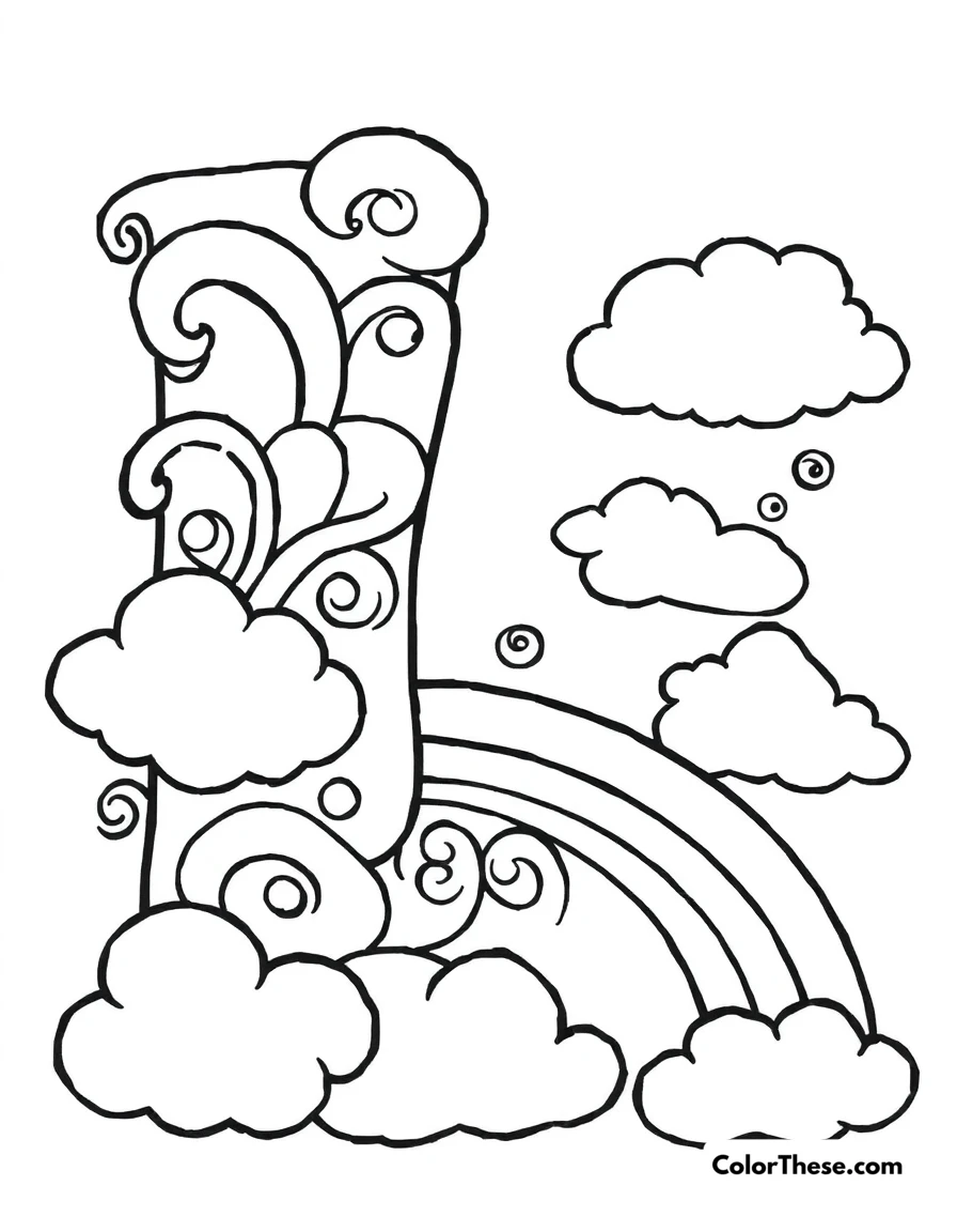 Free printable letter l with swirls and clouds coloring page for kids and adults. A big, fun letter 'L' with swirls, clouds, and a rainbow.