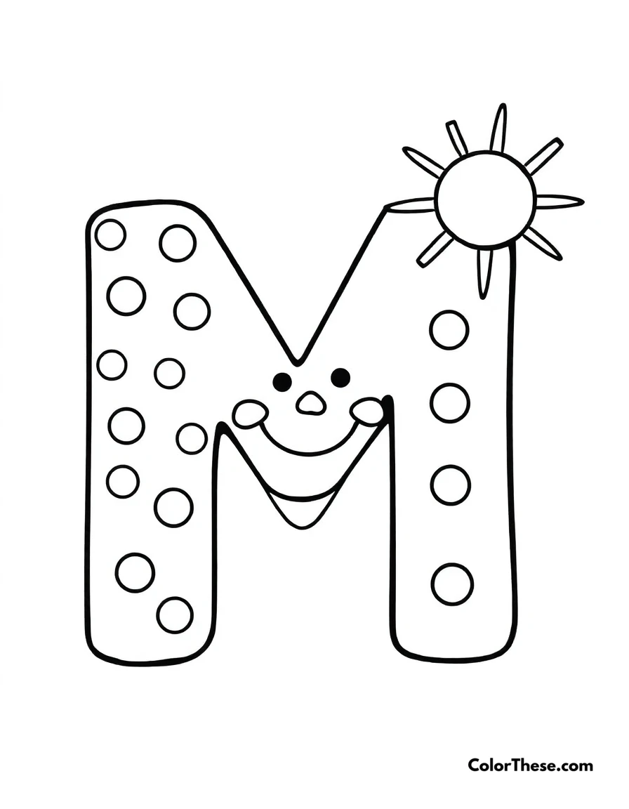 Free printable letter m with dots and stars coloring page for kids and adults. A big, fun letter 'M' with dots, stars, and a smiling sun.