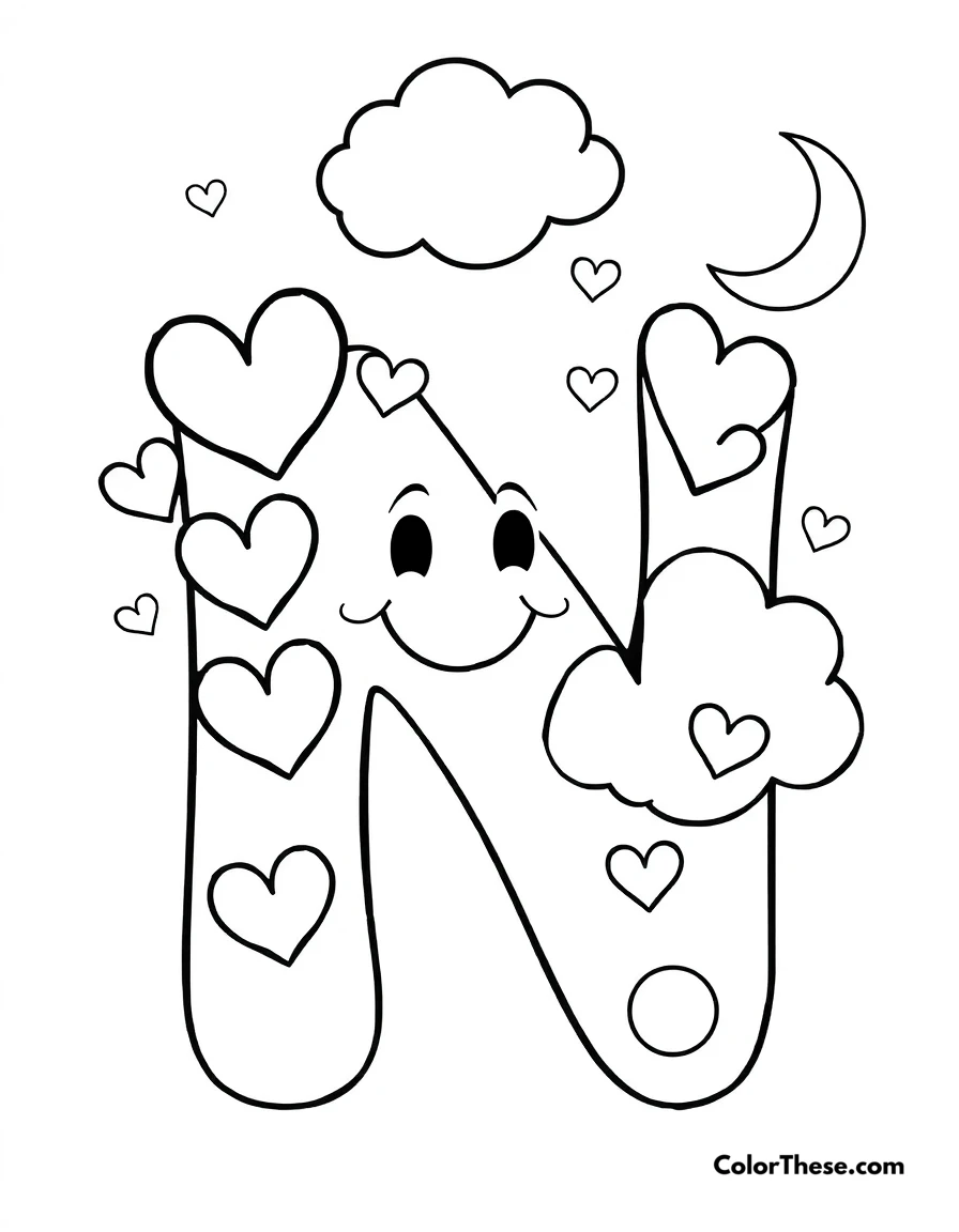 Free printable letter n with hearts and moons coloring page for kids and adults. A big, fun letter 'N' with hearts, moons, and a smiling cloud.