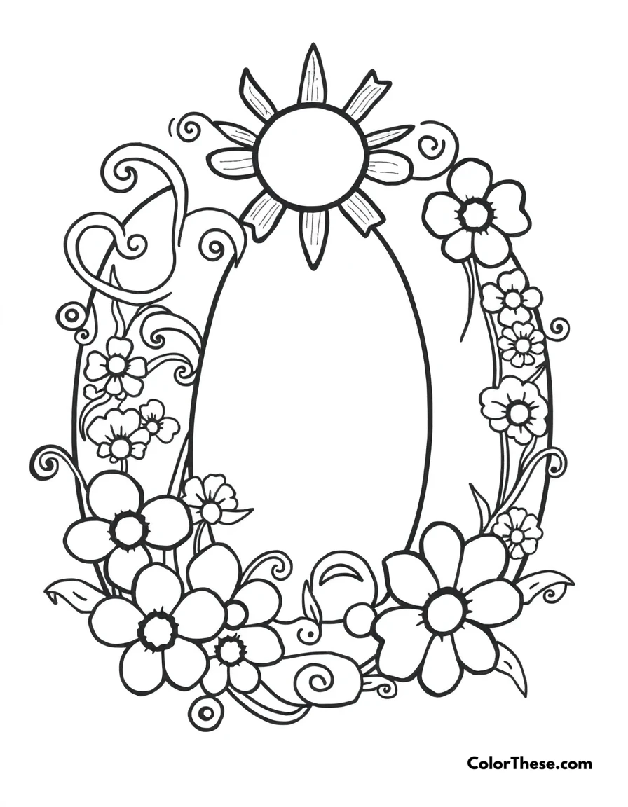 Free printable letter o with swirls and flowers coloring page for kids and adults. A big, fun letter 'O' with swirls, flowers, and a smiling sun.