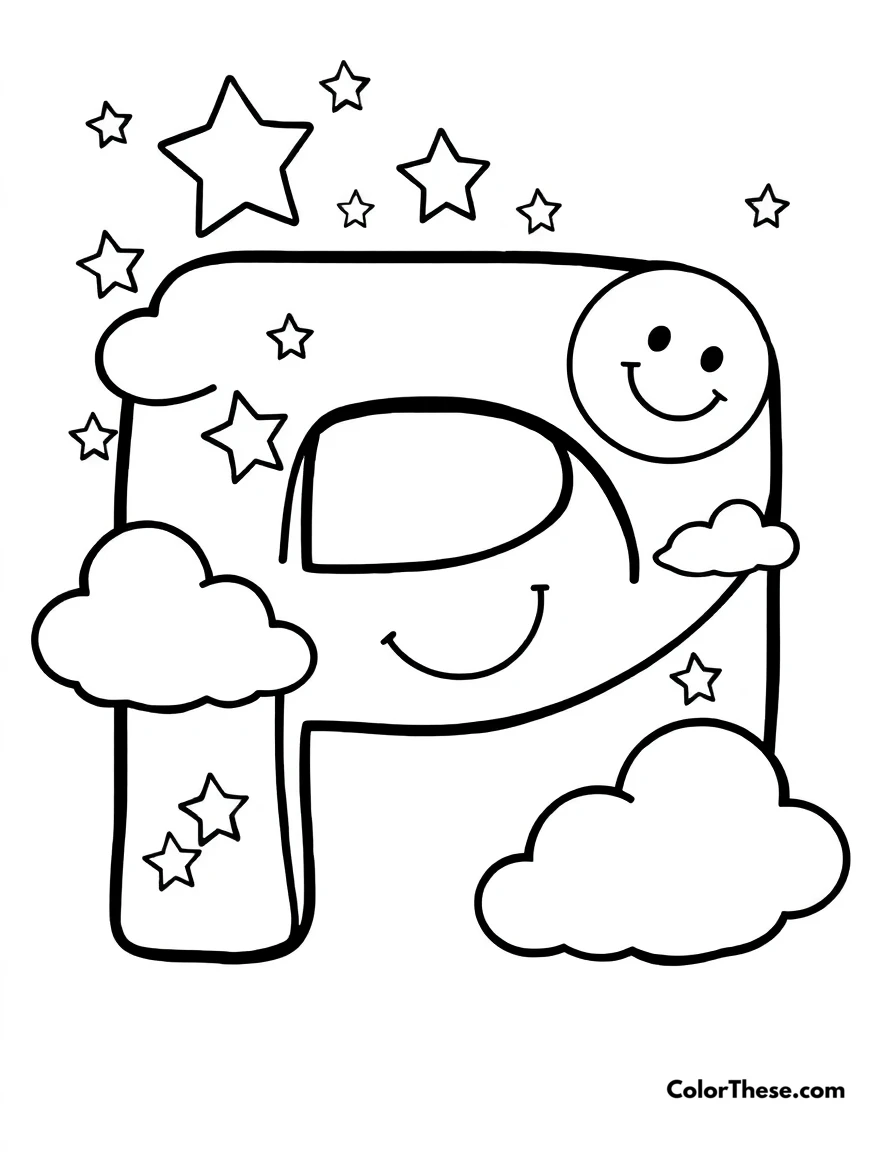Free printable letter p with stars and clouds coloring page for kids and adults. A big, fun letter 'P' with stars, clouds, and a smiling moon.