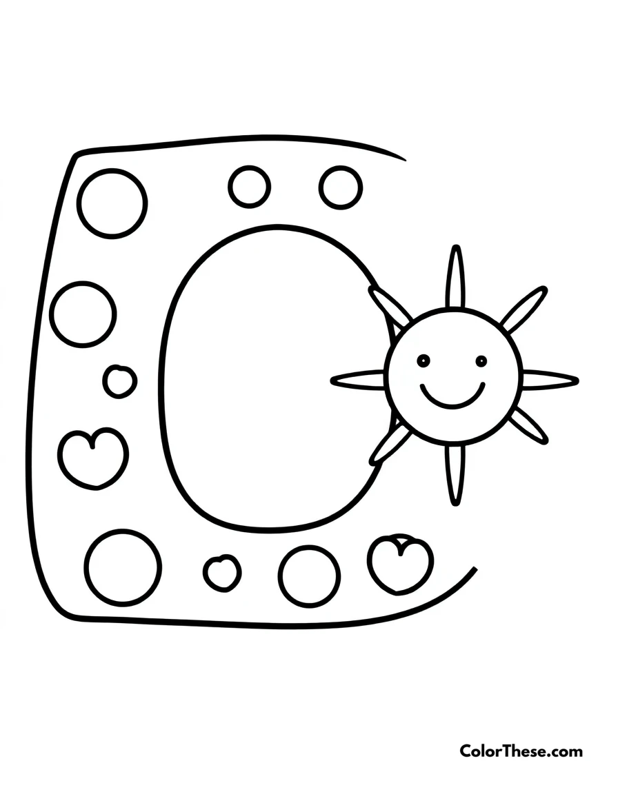 Free printable letter q with dots and hearts coloring page for kids and adults. A big, fun letter 'Q' with dots, hearts, and a smiling sun.