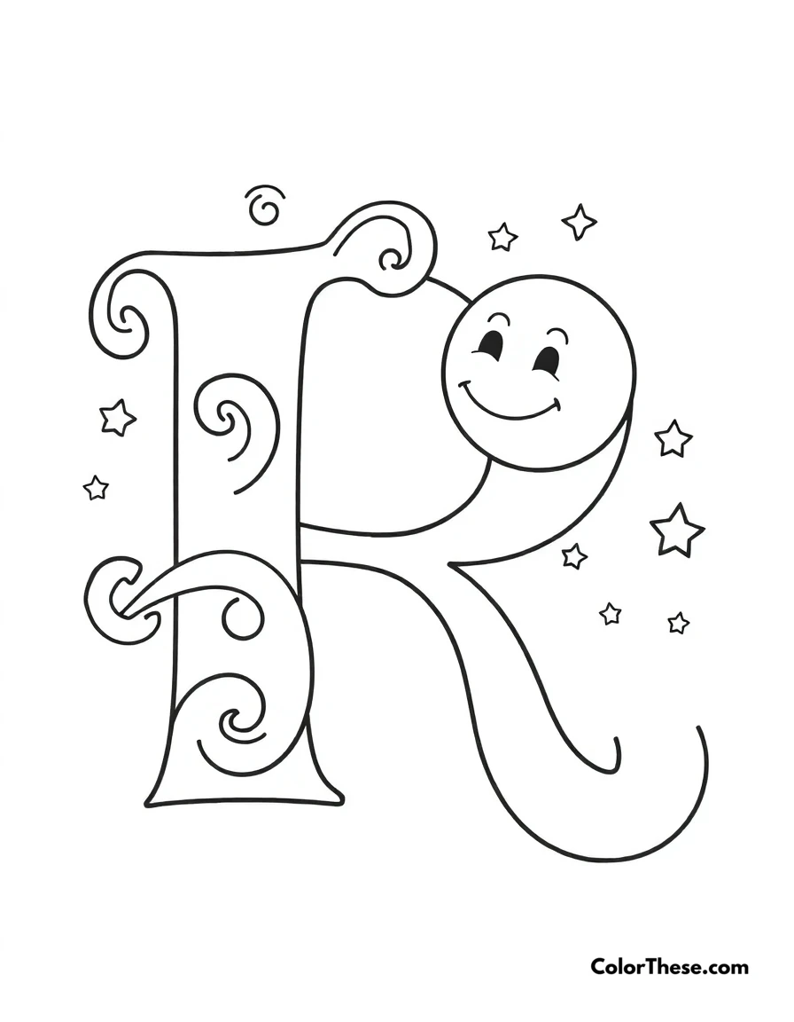 Free printable letter r with swirls and stars coloring page for kids and adults. A big, fun letter 'R' with swirls, stars, and a smiling moon.