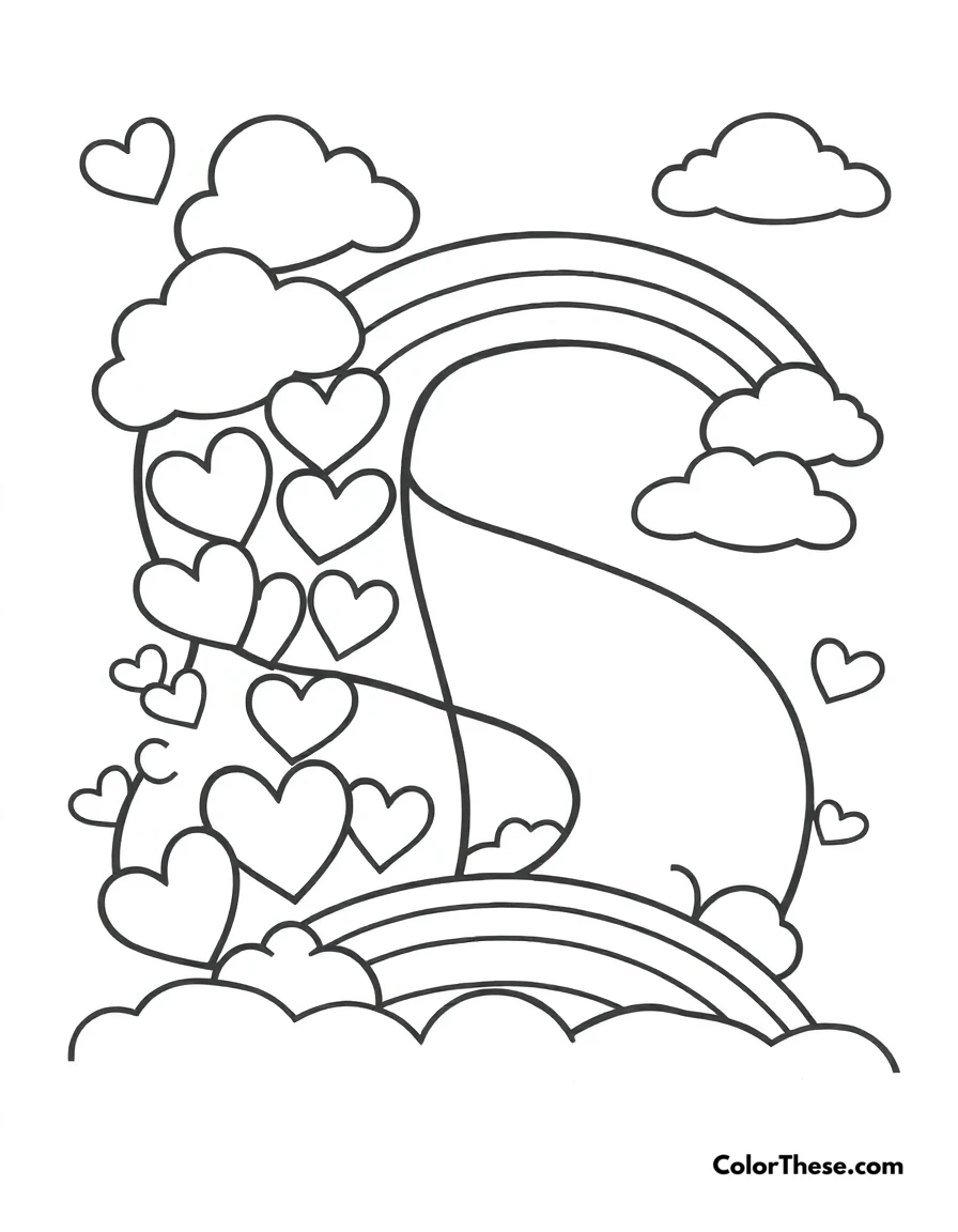 Free printable letter s with hearts and clouds coloring page for kids and adults. A big, fun letter 'S' with hearts, clouds, and a rainbow.