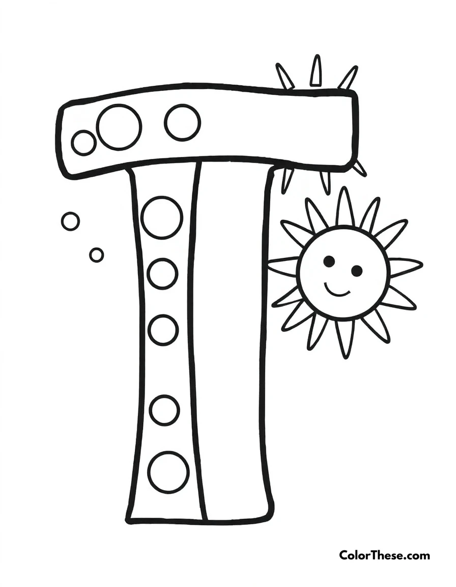 Free printable letter t with dots and moons coloring page for kids and adults. A big, fun letter 'T' with dots, moons, and a smiling sun.
