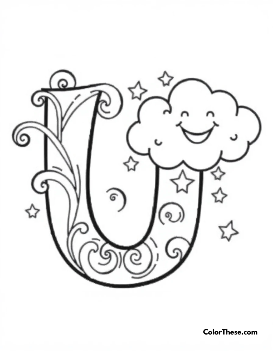 Free printable letter u with swirls and stars coloring page for kids and adults. A big, fun letter 'U' with swirls, stars, and a smiling cloud.