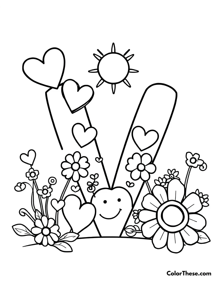 Free printable letter v with hearts and flowers coloring page for kids and adults. A big, fun letter 'V' with hearts, flowers, and a smiling sun.