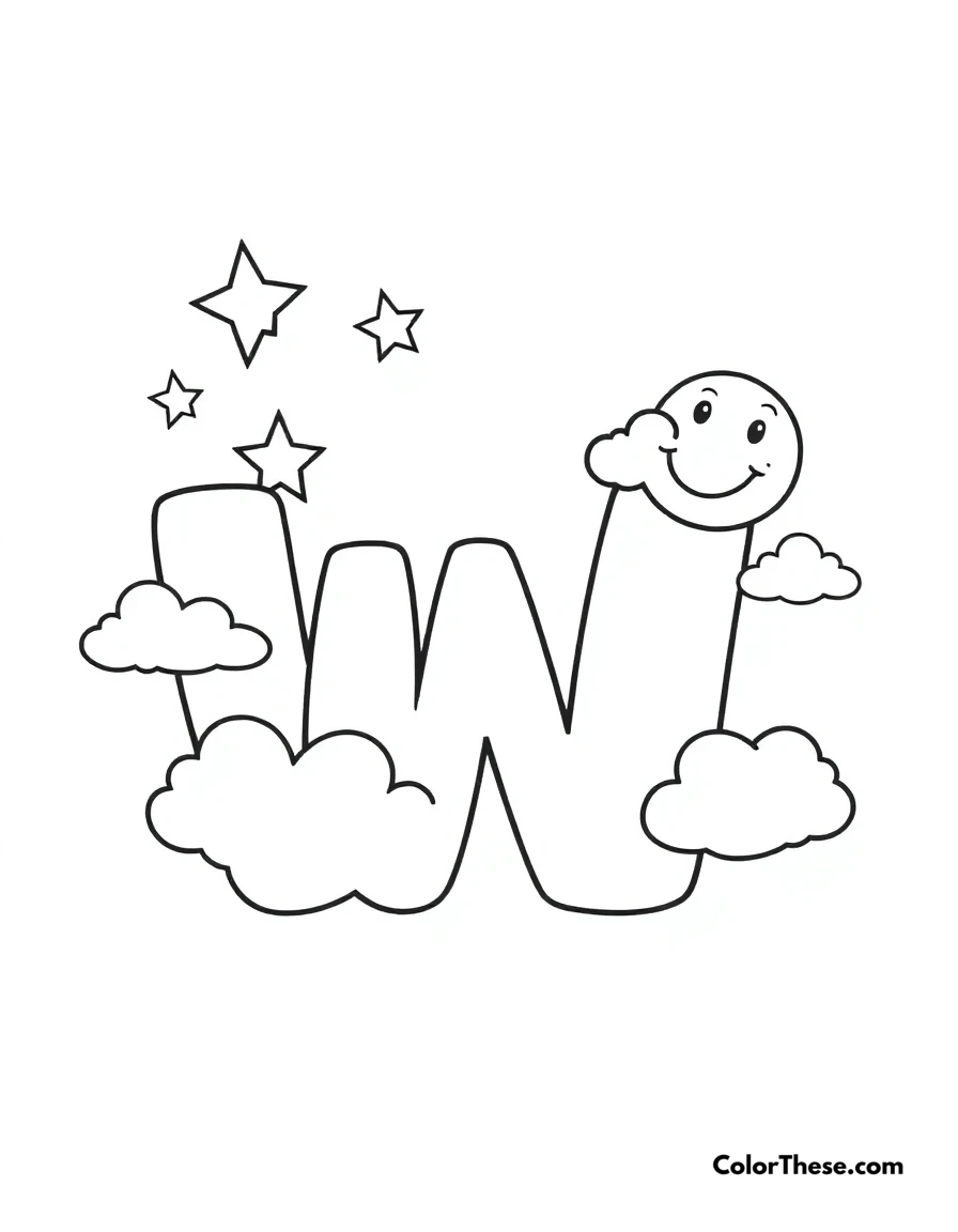 Free printable letter w with stars and clouds coloring page for kids and adults. A big, fun letter 'W' with stars, clouds, and a smiling moon.