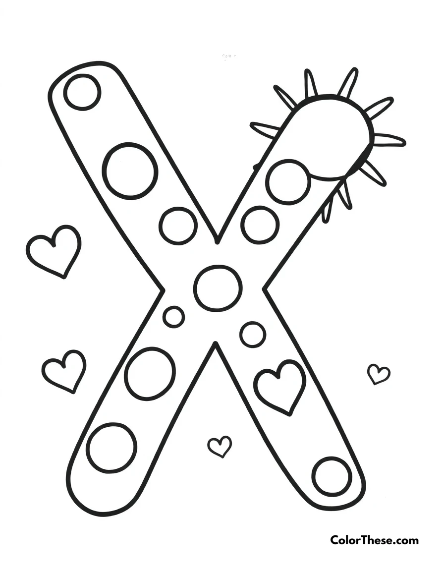 Free printable letter x with dots and hearts coloring page for kids and adults. A big, fun letter 'X' with dots, hearts, and a smiling sun.