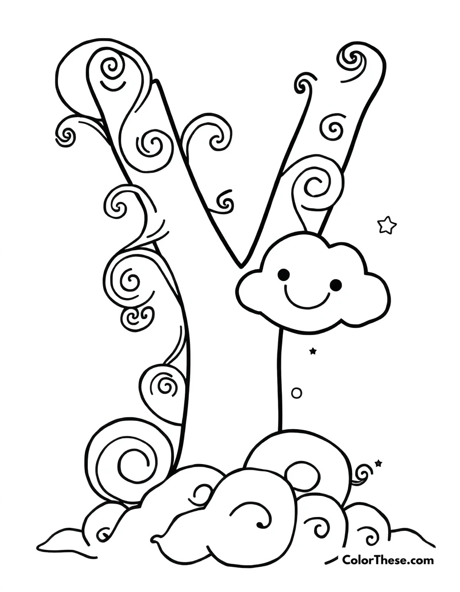 Free printable letter y with swirls and moons coloring page for kids and adults. A big, fun letter 'Y' with swirls, moons, and a smiling cloud.