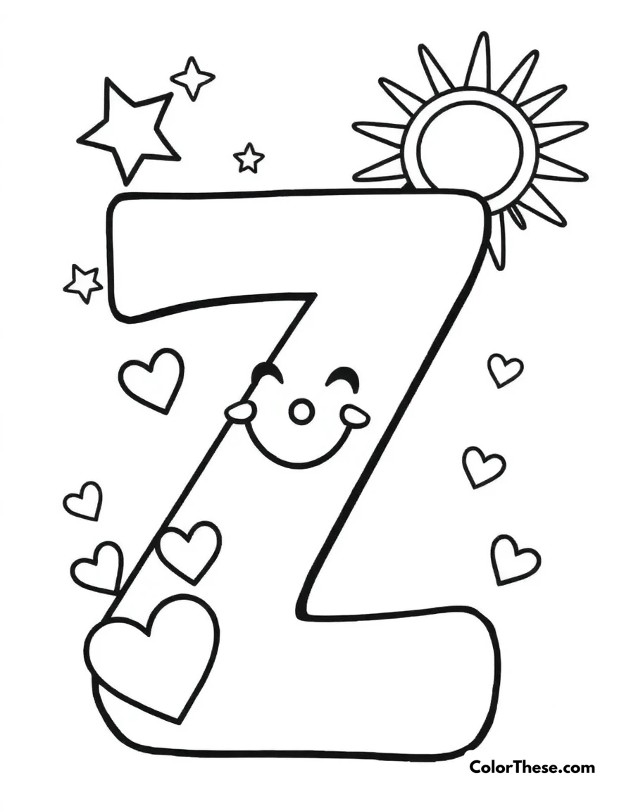 Free printable letter z with stars and hearts coloring page for kids and adults. A big, fun letter 'Z' with stars, hearts, and a smiling sun.
