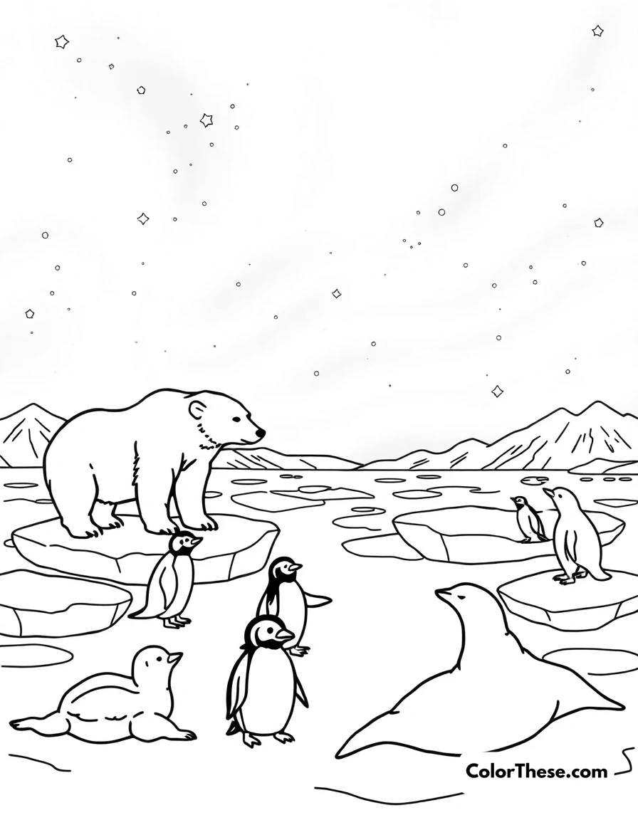 Free printable arctic adventure coloring page for kids and adults. Polar bears, penguins, and seals playing on ice floes under the northern lights.
