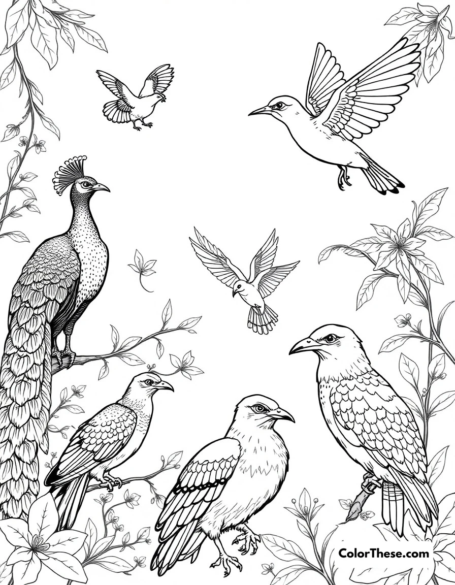Free printable bird paradise coloring page for kids and adults. A collection of beautiful birds including peacocks, hummingbirds, and eagles in their habitats.