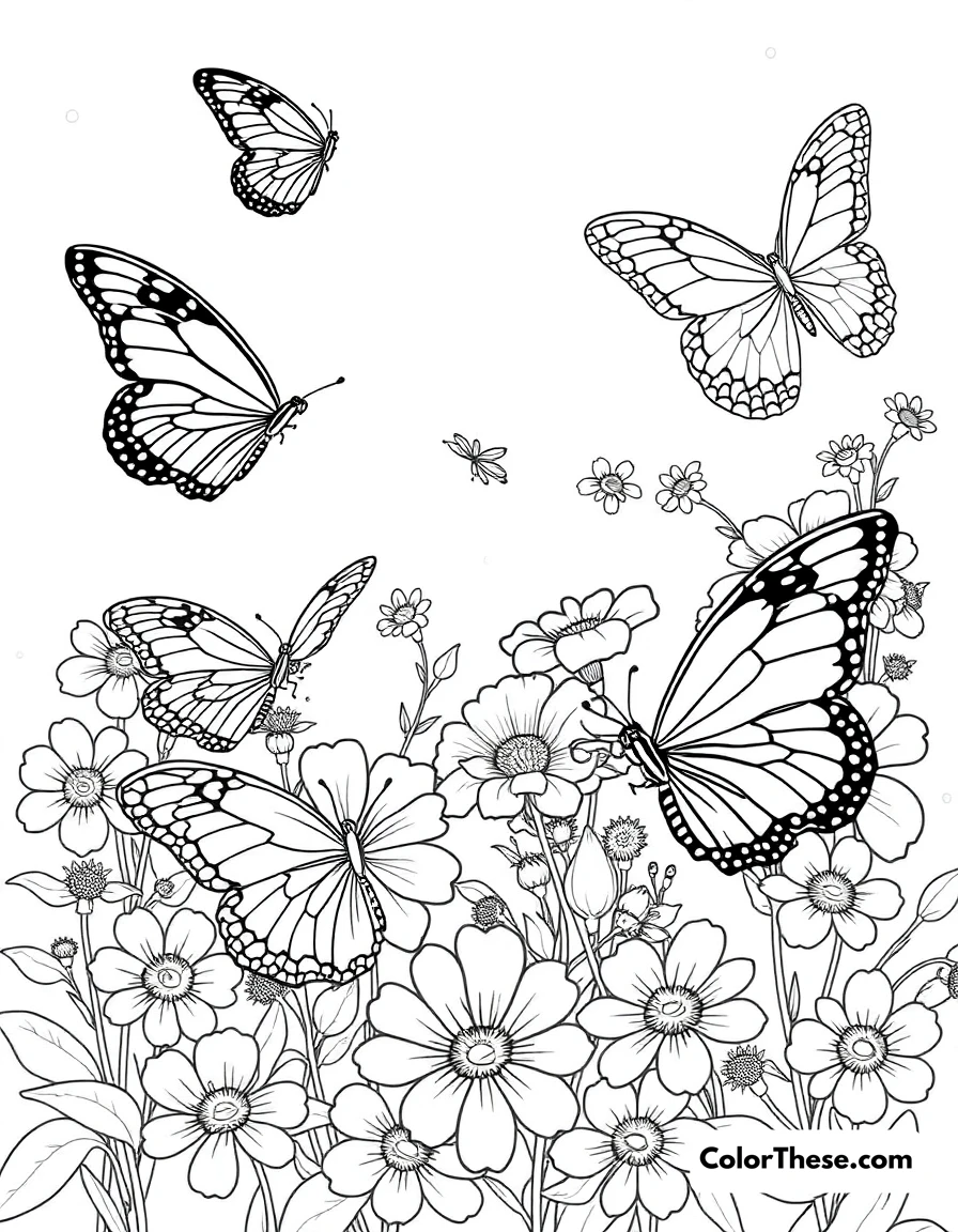 Free printable butterfly garden coloring page for kids and adults. Beautiful butterflies of different species fluttering among colorful flowers.