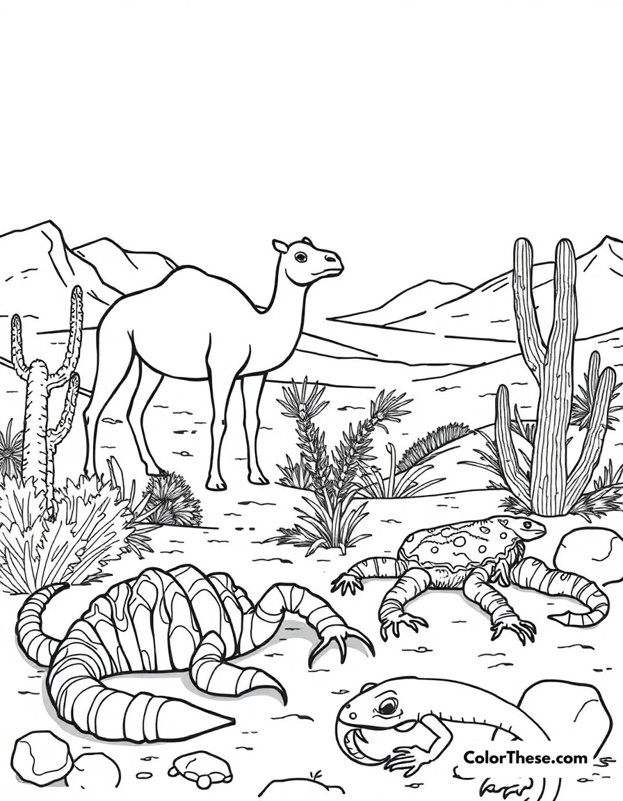 Free printable desert life coloring page for kids and adults. Camels, scorpions, and lizards surviving in their harsh but beautiful desert environment.
