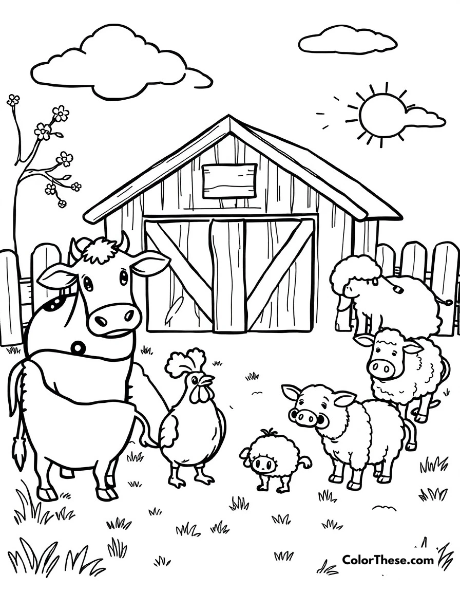 Free printable farm life coloring page for kids and adults. A cheerful barnyard scene with cows, chickens, pigs, and sheep enjoying a sunny day.