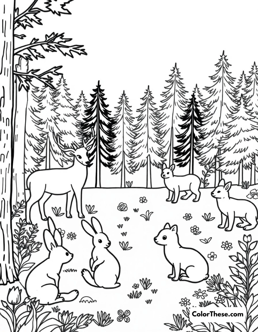 Free printable forest friends coloring page for kids and adults. Woodland creatures including deer, rabbits, and foxes gathered in a peaceful forest clearing.