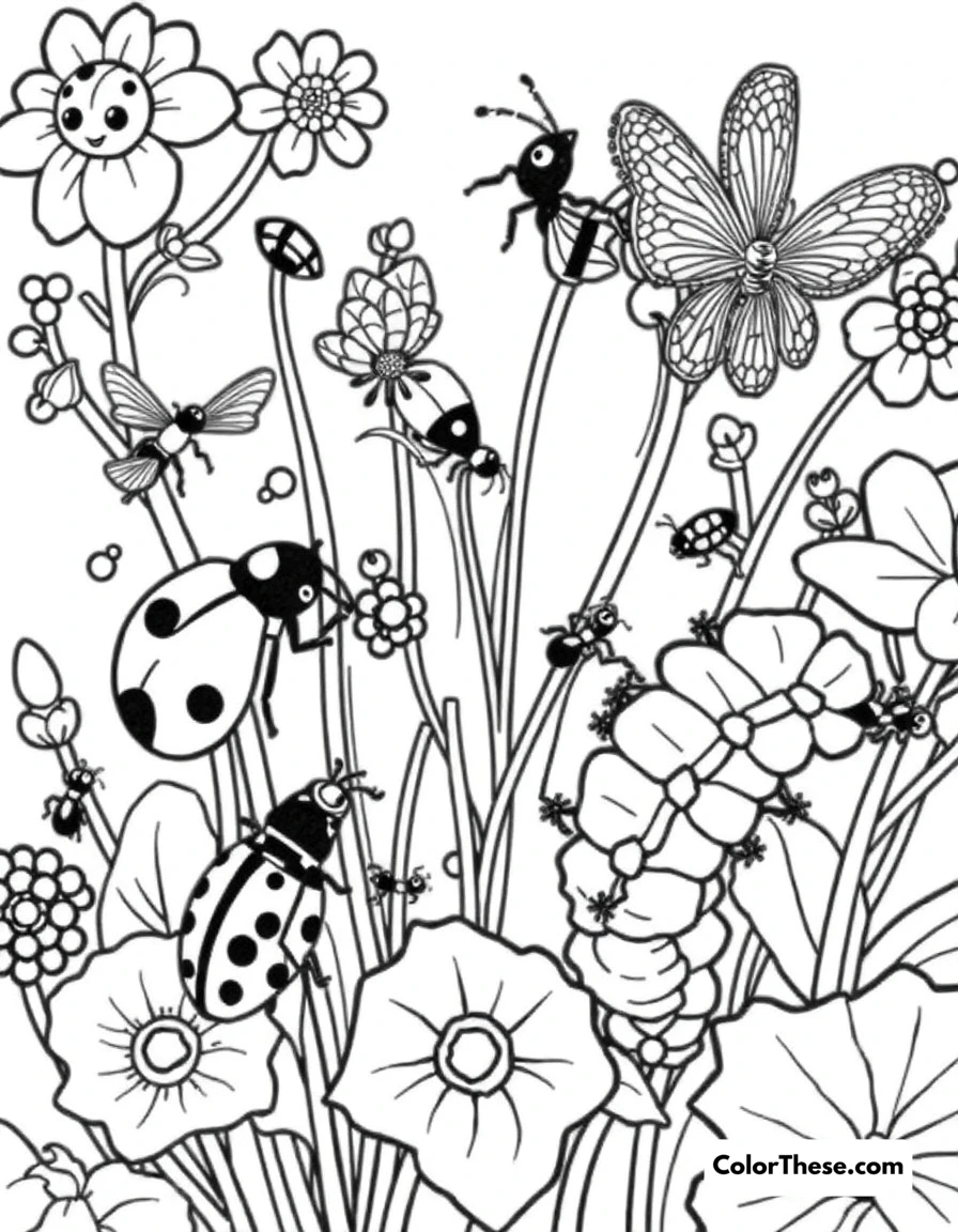 Free printable insect world coloring page for kids and adults. A fascinating micro-world of ladybugs, bees, ants, and caterpillars among garden plants.