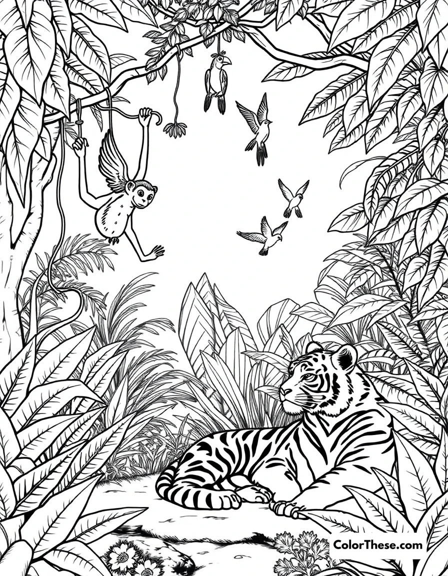 Free printable jungle adventures coloring page for kids and adults. A lively jungle scene with monkeys swinging from vines, parrots flying, and a tiger resting nearby.