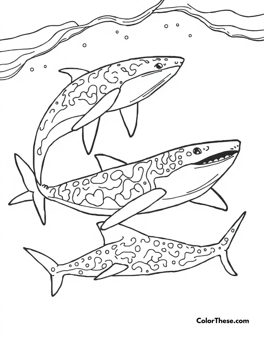 Free printable ocean giants coloring page for kids and adults. Majestic whales and gentle whale sharks gliding through deep ocean waters.