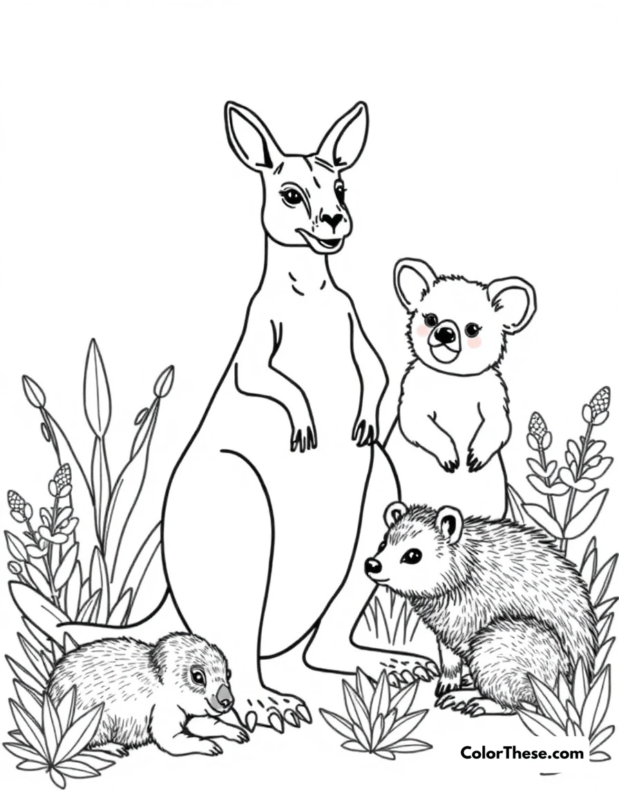 Free printable australian outback coloring page for kids and adults. Kangaroos, koalas, and wombats in their natural Australian habitat with distinctive flora.