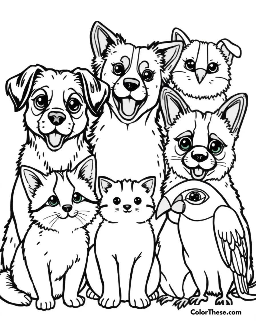 Free printable pet parade coloring page for kids and adults. Adorable pets including dogs, cats, hamsters, and parrots showing off their personalities.