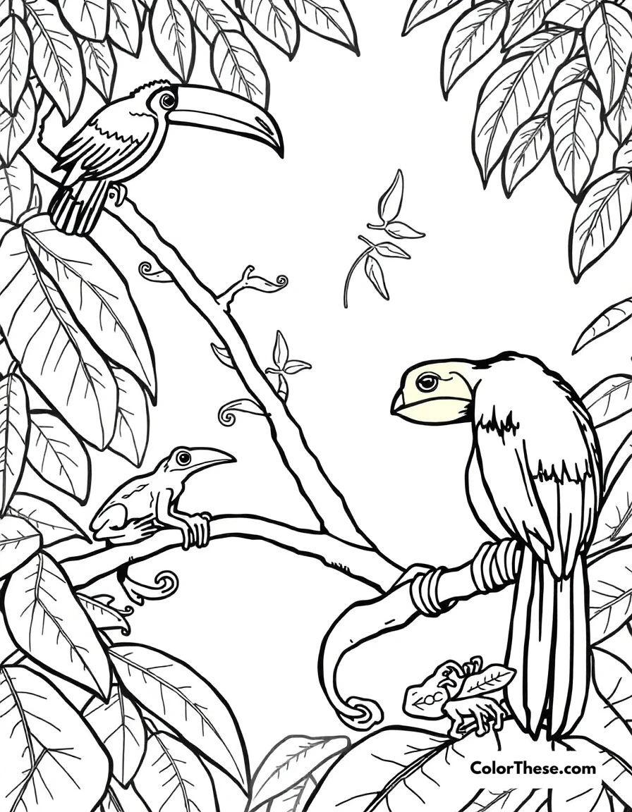 Free printable rainforest canopy coloring page for kids and adults. Toucans, sloths, and tree frogs living high in the rainforest canopy.