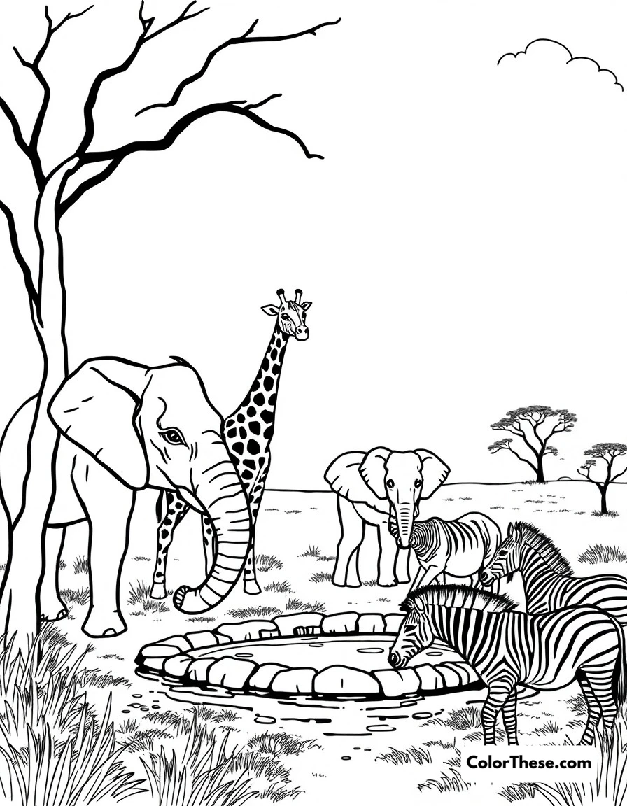 Free printable african safari coloring page for kids and adults. A beautiful savanna scene featuring giraffes, elephants, and zebras gathering around a watering hole.
