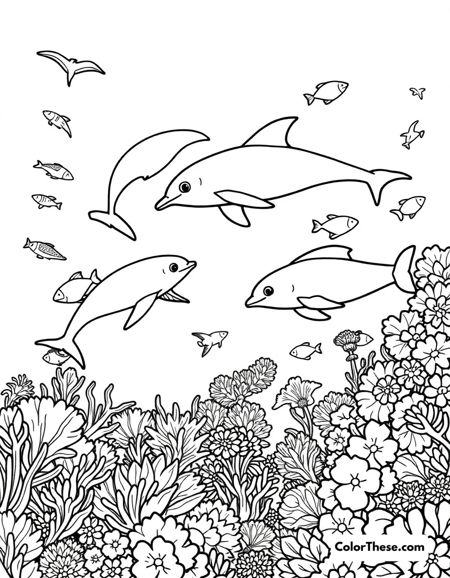 Free printable underwater friends coloring page for kids and adults. A vibrant coral reef scene with dolphins, tropical fish, and sea turtles swimming together.